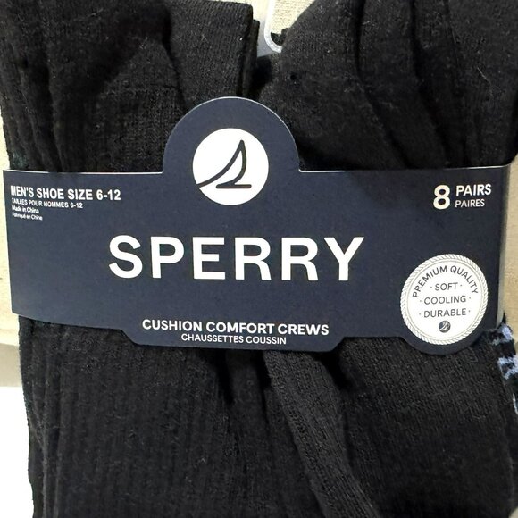 SPERRY Men's Black Cushion Comfort Crew Socks 8 Pairs Size 6-12  Cooling NWT - Picture 2 of 4
